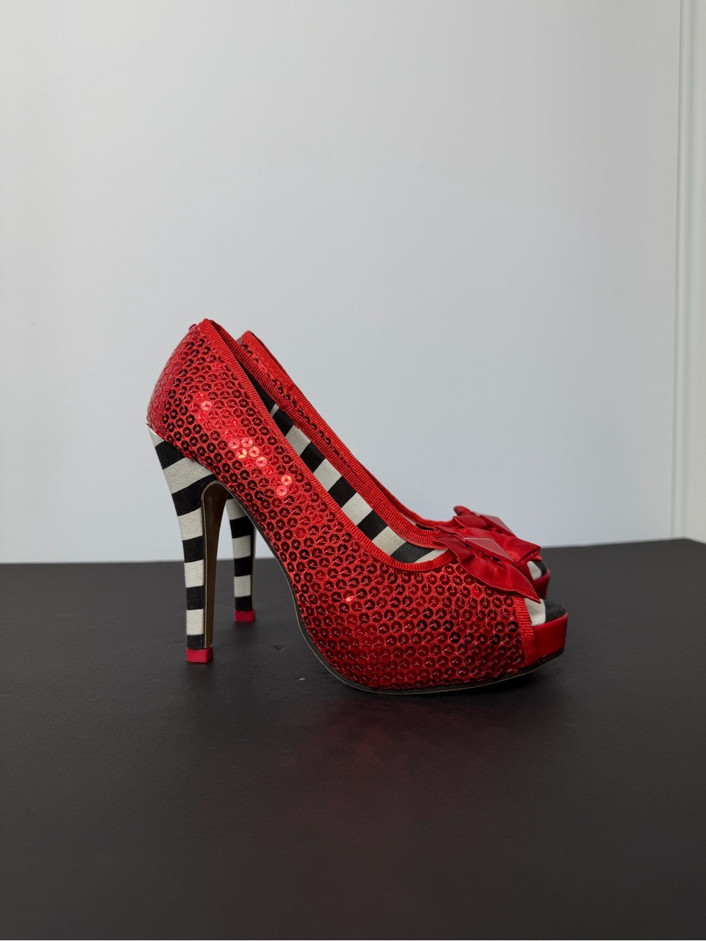 Iron Fist Red Sequin Peep-Toe Heels with Black-and-White Striped Heel